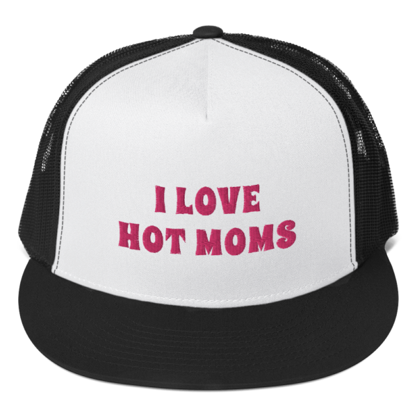 i heart hot moms trucker hat white with pink text and black mesh