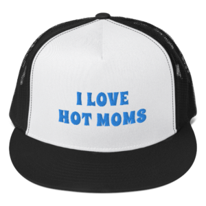 i heart hot moms trucker hat white with light blue text and black mesh