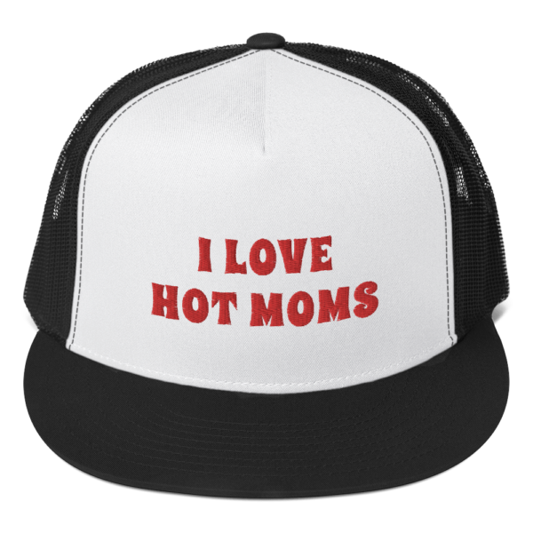 i heart hot moms trucker hat white with red text and black mesh
