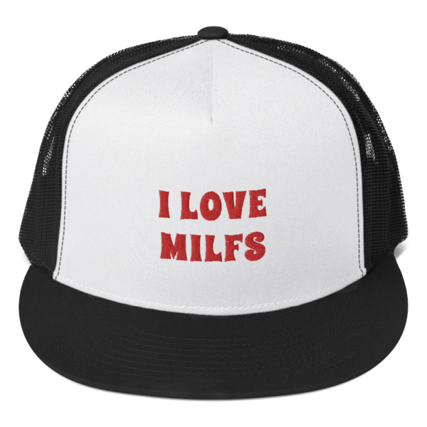 i love milfs trucker hat white with red text and black mesh