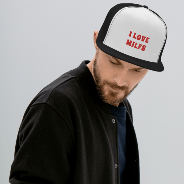 man in i love milfs trucker hat white with red text and black mesh