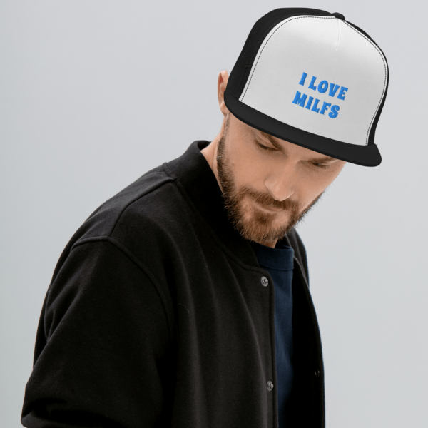 man in i love milfs trucker hat white with light blue text and black mesh