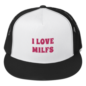 i love milfs trucker hat white with pink text and black mesh