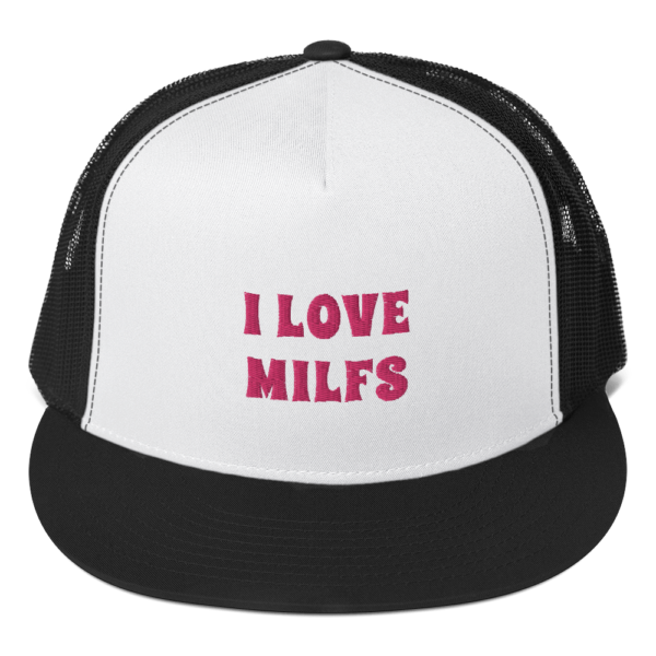 i love milfs trucker hat white with pink text and black mesh