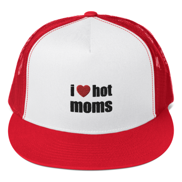i heart hot moms trucker hat white with red mesh back
