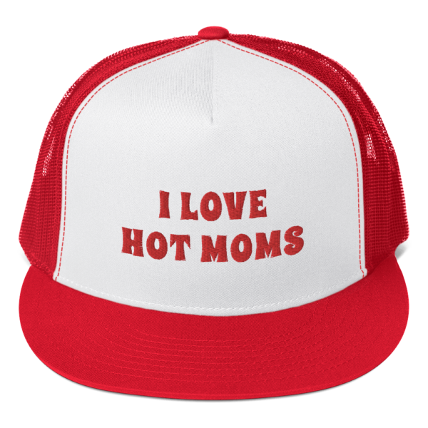 i heart hot moms trucker hat white with red text and red mesh