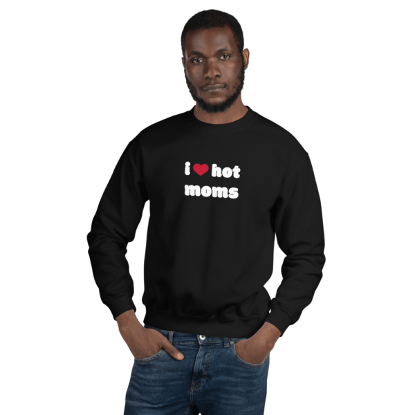 man in black i heart hot moms sweatshirt with red heart and white text