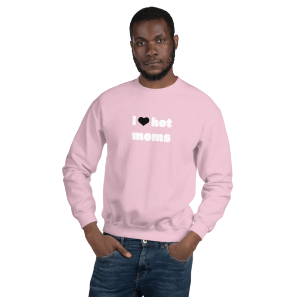 man in i heart hot moms pink sweatshirt with black heart and white text