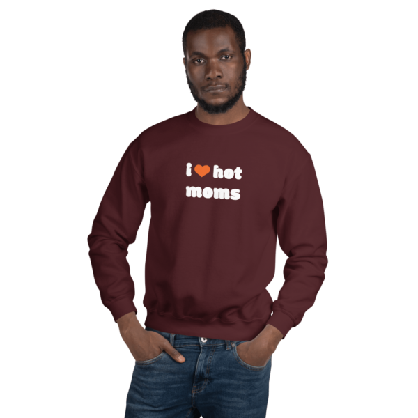 man in i heart hot moms maroon sweatshirt with orange heart and white text