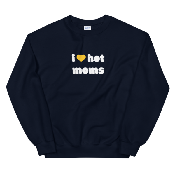 i heart hot moms navy blue sweatshirt with yellow heart and white text