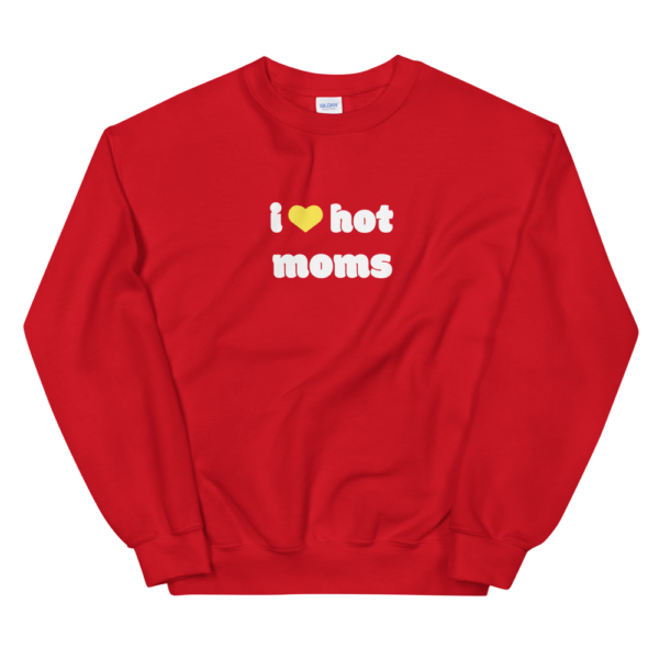 i heart hot moms red sweatshirt with yellow heart and white text
