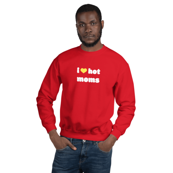 man in i heart hot moms red sweatshirt with yellow heart and white text