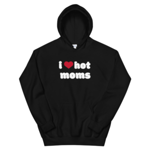 black i heart hot moms hoodie with red heart and white text