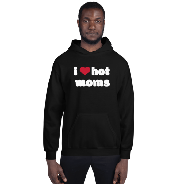 man in black i heart hot moms hoodies with red heart and white text