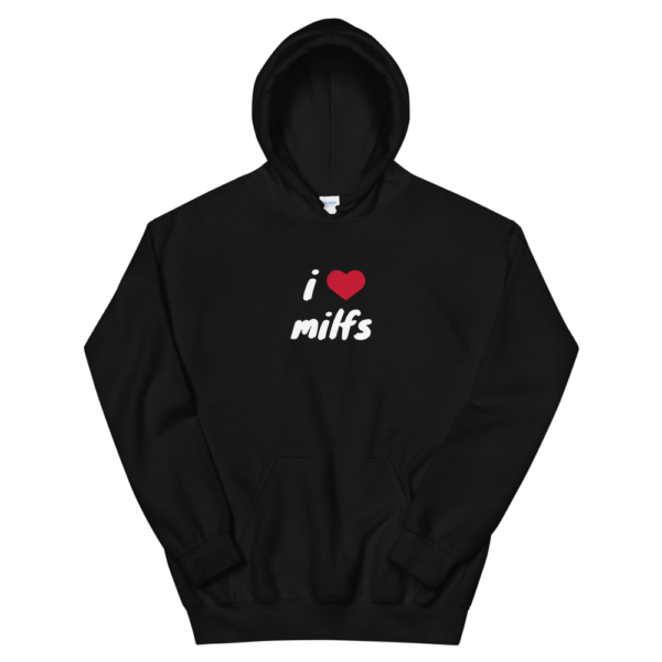 i heart MILFs black hoodie with red heart and white text