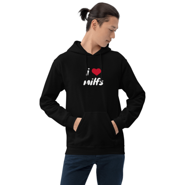 man in i heart MILFs black hoodie with red heart and white text