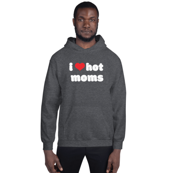 man in dark grey i heart hot moms hoodies with red heart and white text