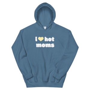 indigo blue i heart hot moms hoodies with yellow heart and white text