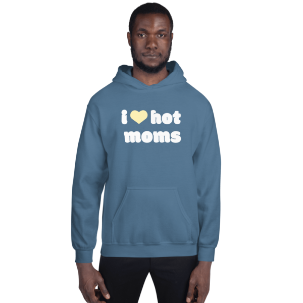 man in indigo blue i heart hot moms hoodies with yellow heart and white text