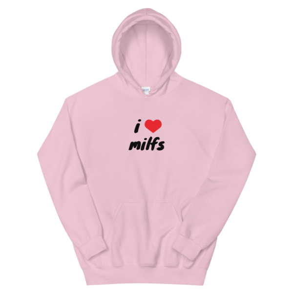 i heart MILFs pink hoodie with red heart and black text