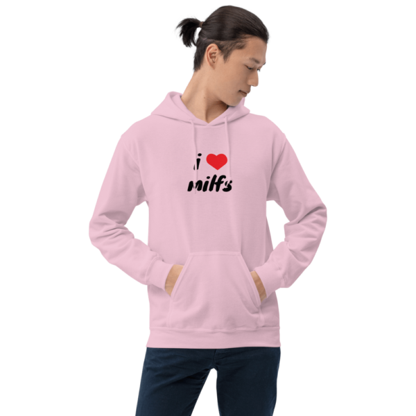 man in i heart MILFs pink hoodie with red heart and black text