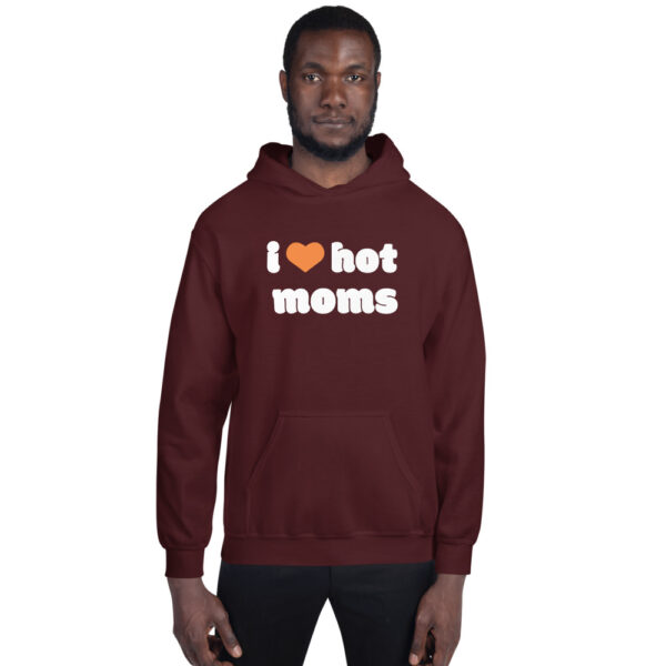 man in maroon with orange heart i heart hot moms hoodies
