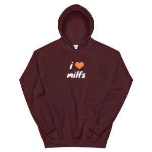 i heart MILFs maroon hoodie with orange heart and white text