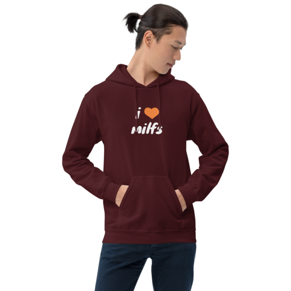 man in i heart MILFs maroon hoodie with orange heart and white text