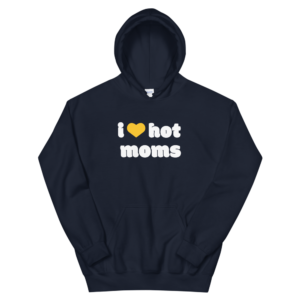 navy blue i heart hot moms hoodie with yellow heart and white text