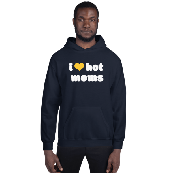 man in navy blue i heart hot moms hoodie with yellow heart and white text