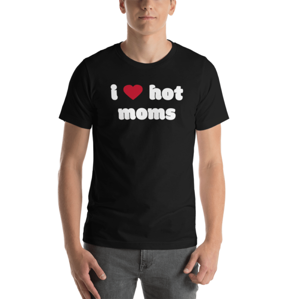 man in black i heart hot moms tshirt with red heart and white text