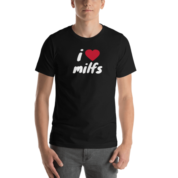 man in i heart MILFs black t-shirt with red heart and white text