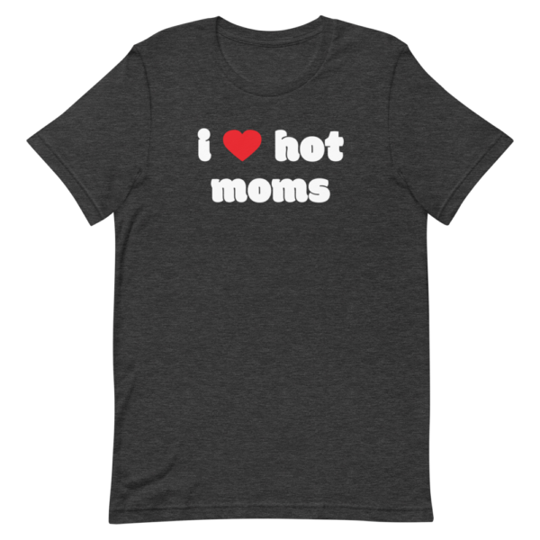 dark grey i heart hot moms tshirt with red heart and white text