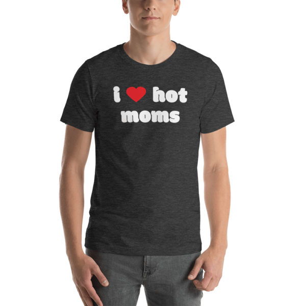 man in dark grey i heart hot moms tshirt with red heart and white text