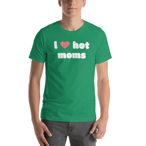 man in i love hot moms green t-shirt with pink heart and white text