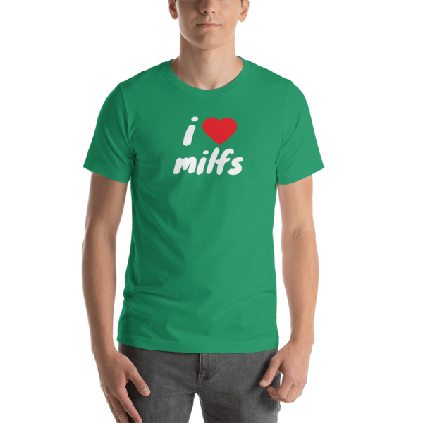 man in i heart MILFs green t-shirt with red heart and white text