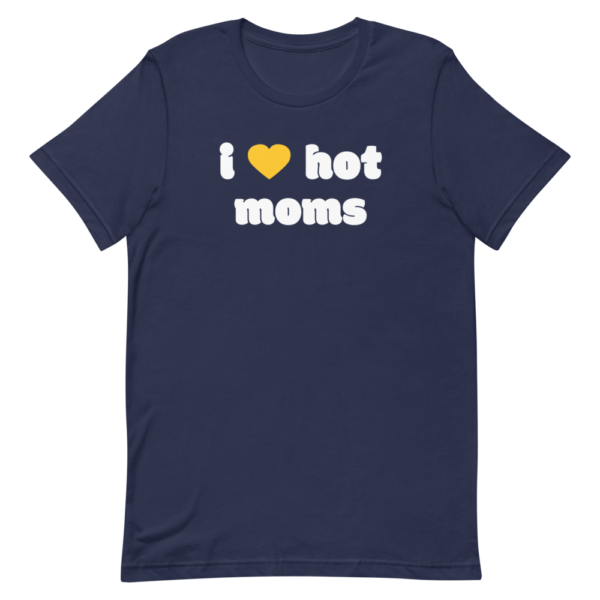 navy blue i heart hot moms tshirt with yellow heart and white text