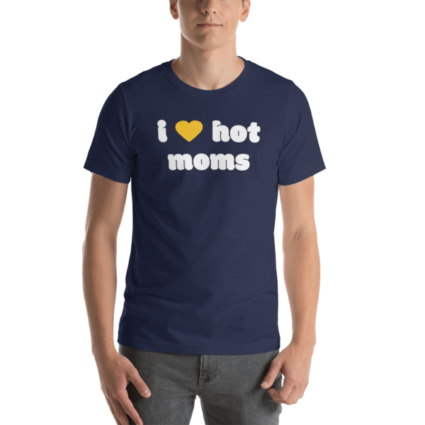 man in navy blue i heart hot moms tshirt with yellow heart and white text