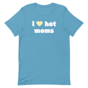 light blue i heart hot moms tshirt with yellow heart and white text
