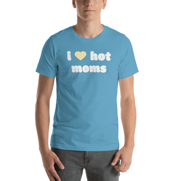 man in light blue i heart hot moms tshirt with yellow heart and white text