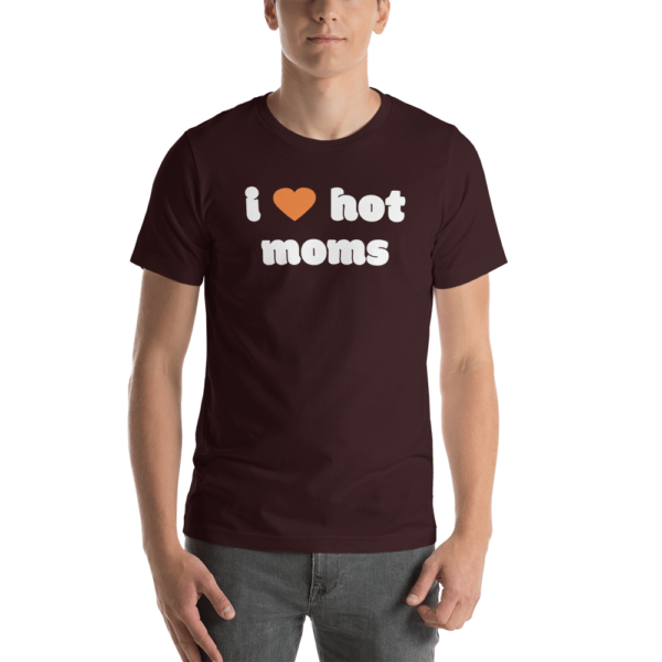 man in maroon i heart hot moms tshirt with orange heart and white text