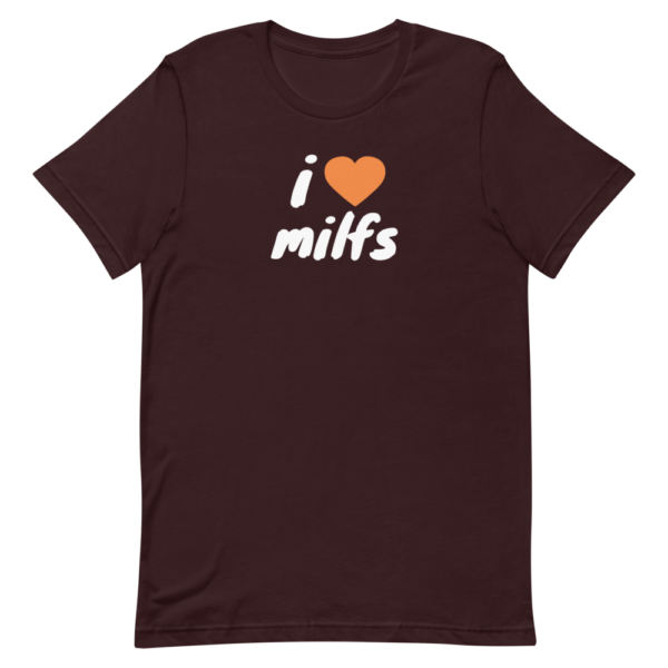i heart MILFs maroon t-shirt with orange heart and white text