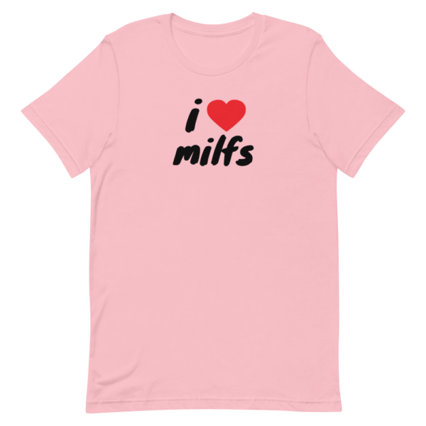 i heart MILFs pink t-shirt with red heart and black text