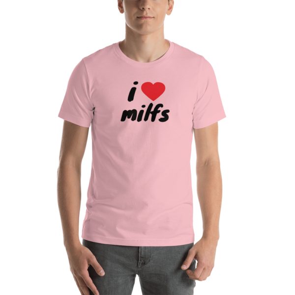 man in i heart MILFs pink t-shirt with red heart and black text