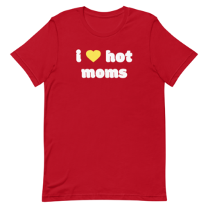 red i heart hot moms t-shirt with yellow heart and white text