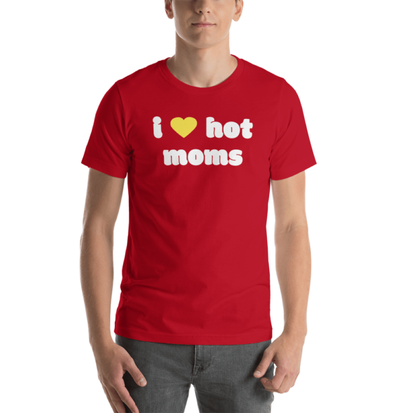 man in red i heart hot moms t-shirt with yellow heart and white text