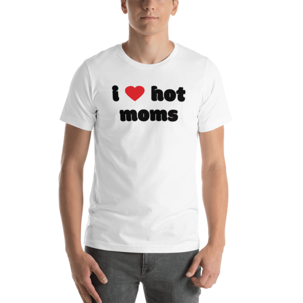 man in white i heart hot moms tshirt with red heart and black text