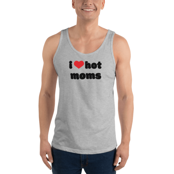 man in grey i heart hot moms bro tank red heart and black text