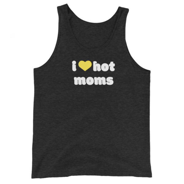 charcoal i heart hot moms bro tank with yellow heart and white text
