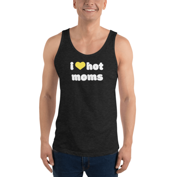 man in charcoal i heart hot moms bro tank with yellow heart and white text